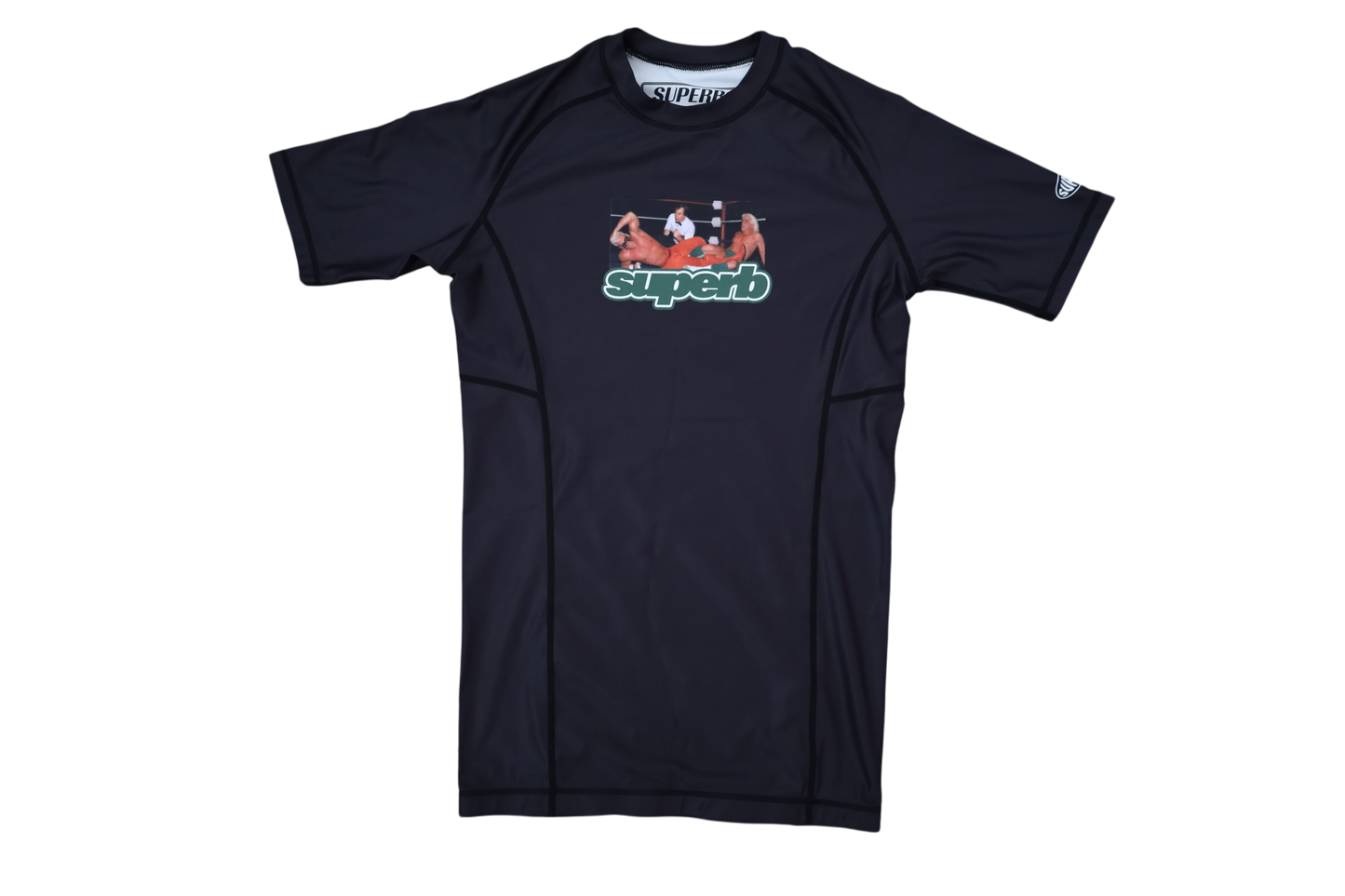 black high quality jiu jitsu rash guard with graphic of ric flair