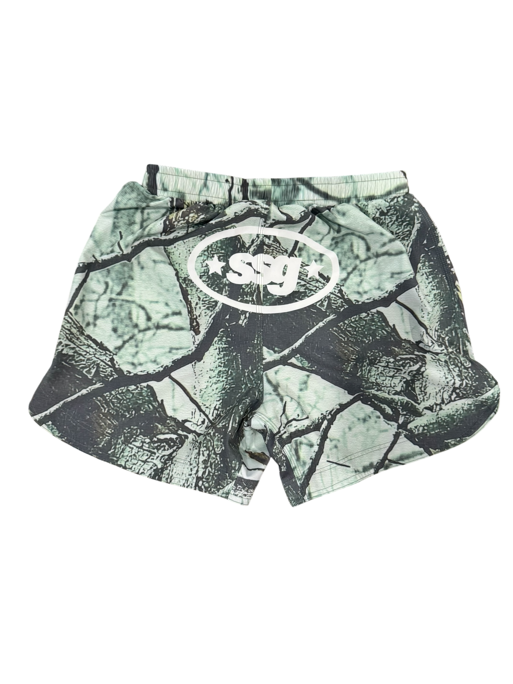 jiu jitsu training shorts with white forest camouflage pattern